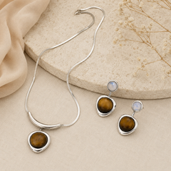 Natural Tiger Eye Necklace & Earrings Set | Minimalist Gemstone Jewelry