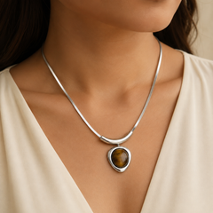 Natural Tiger Eye Necklace & Earrings Set | Minimalist Gemstone Jewelry
