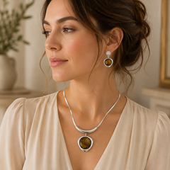 Natural Tiger Eye Necklace & Earrings Set | Minimalist Gemstone Jewelry