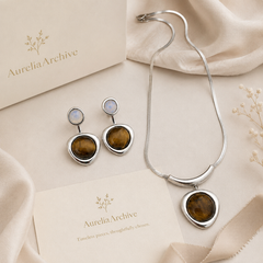 Natural Tiger Eye Necklace & Earrings Set | Minimalist Gemstone Jewelry