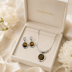 Natural Tiger Eye Necklace & Earrings Set | Minimalist Gemstone Jewelry