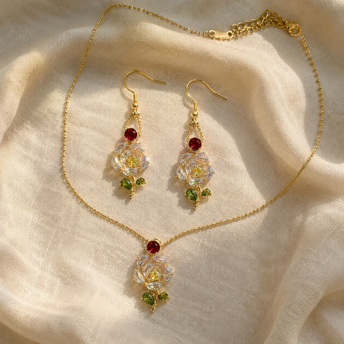 Crystal Flower Necklace & Earrings Set | Vintage Gold Floral Jewelry for Women