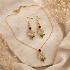 Crystal Flower Necklace & Earrings Set | Vintage Gold Floral Jewelry for Women