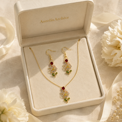 Crystal Flower Necklace & Earrings Set | Vintage Gold Floral Jewelry for Women
