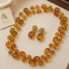 Vintage Amber Necklace & Earrings Set | Luxury Gold Statement Jewelry