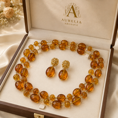 Vintage Amber Necklace & Earrings Set | Luxury Gold Statement Jewelry