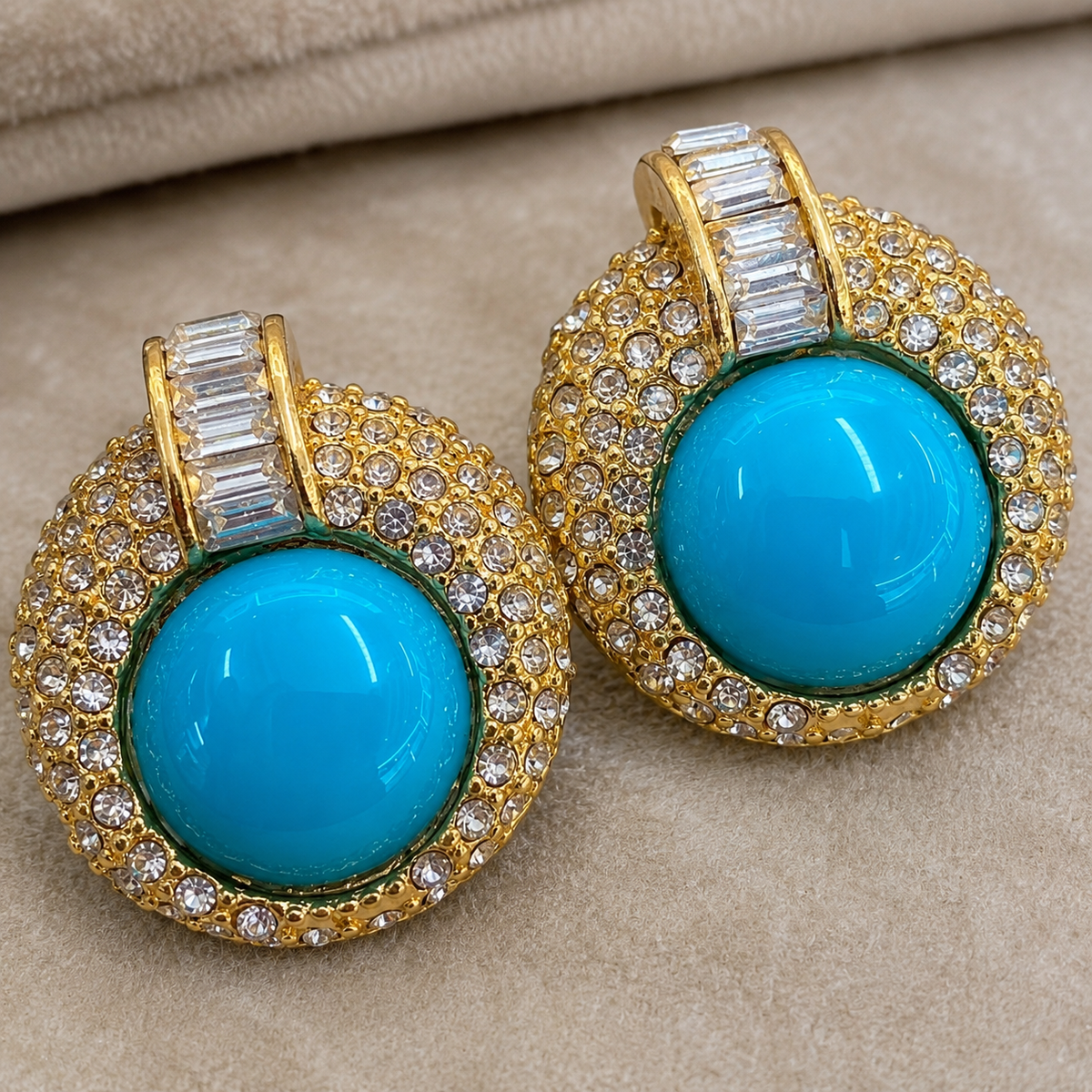 Turquoise Blue Crystal Statement Earrings | Vintage Gold Rhinestone Jewelry