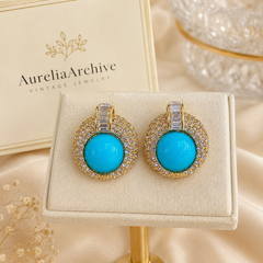 Turquoise Blue Crystal Statement Earrings | Vintage Gold Rhinestone Jewelry
