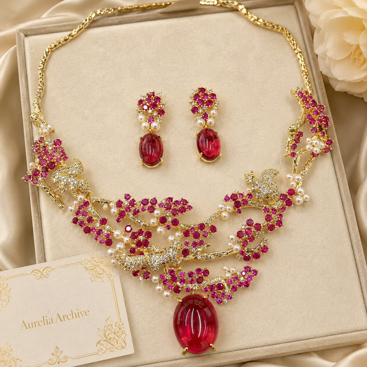 Ruby Crystal Necklace & Earrings Set | Vintage Gold Floral Statement Jewelry