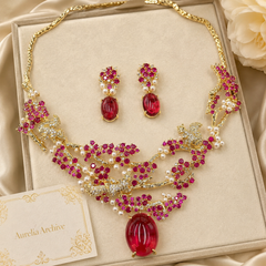 Ruby Crystal Necklace & Earrings Set | Vintage Gold Floral Statement Jewelry