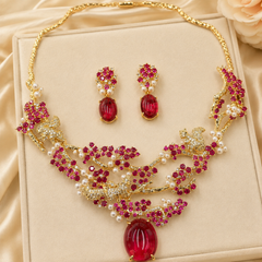 Ruby Crystal Necklace & Earrings Set | Vintage Gold Floral Statement Jewelry