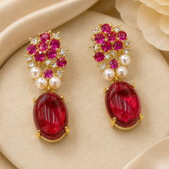 Ruby Crystal Necklace & Earrings Set | Vintage Gold Floral Statement Jewelry