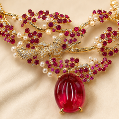 Ruby Crystal Necklace & Earrings Set | Vintage Gold Floral Statement Jewelry