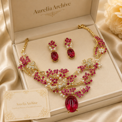 Ruby Crystal Necklace & Earrings Set | Vintage Gold Floral Statement Jewelry