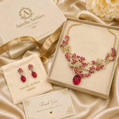 Ruby Crystal Necklace & Earrings Set | Vintage Gold Floral Statement Jewelry