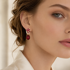 Ruby Crystal Necklace & Earrings Set | Vintage Gold Floral Statement Jewelry