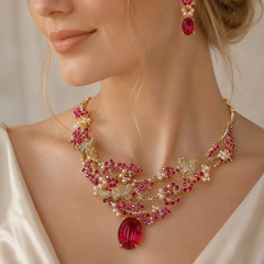 Ruby Crystal Necklace & Earrings Set | Vintage Gold Floral Statement Jewelry