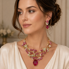 Ruby Crystal Necklace & Earrings Set | Vintage Gold Floral Statement Jewelry