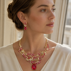 Ruby Crystal Necklace & Earrings Set | Vintage Gold Floral Statement Jewelry