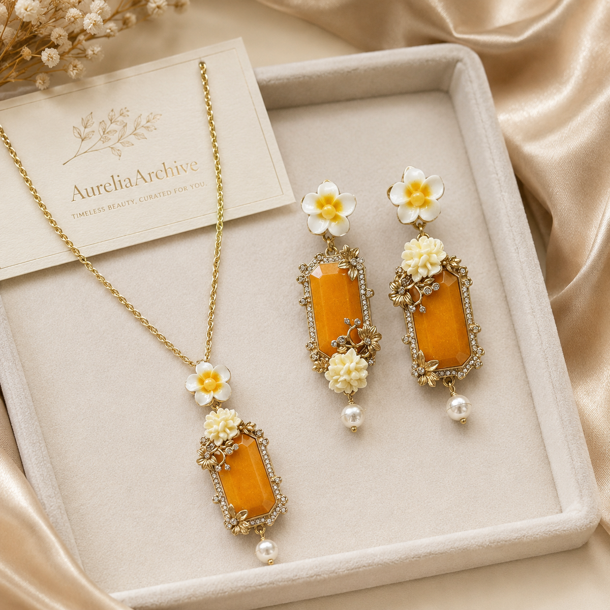 Yellow Crystal Flower Necklace & Earrings Set | Vintage Gold Floral Jewelry