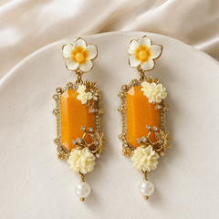 Yellow Crystal Flower Necklace & Earrings Set | Vintage Gold Floral Jewelry
