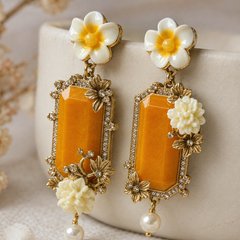 Yellow Crystal Flower Necklace & Earrings Set | Vintage Gold Floral Jewelry