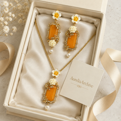 Yellow Crystal Flower Necklace & Earrings Set | Vintage Gold Floral Jewelry