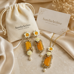 Yellow Crystal Flower Necklace & Earrings Set | Vintage Gold Floral Jewelry