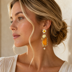 Yellow Crystal Flower Necklace & Earrings Set | Vintage Gold Floral Jewelry