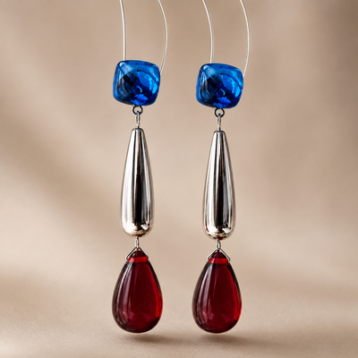 Blue Red Crystal Drop Earrings | Silver Geometric Statement Earrings