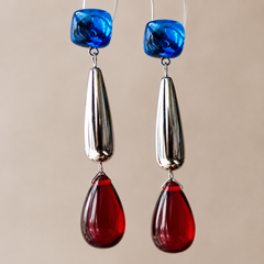 Blue Red Crystal Drop Earrings | Silver Geometric Statement Earrings