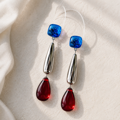 Blue Red Crystal Drop Earrings | Silver Geometric Statement Earrings