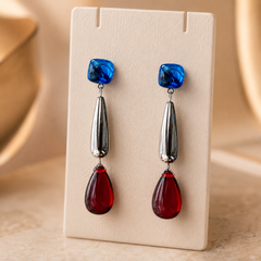 Blue Red Crystal Drop Earrings | Silver Geometric Statement Earrings