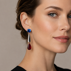Blue Red Crystal Drop Earrings | Silver Geometric Statement Earrings