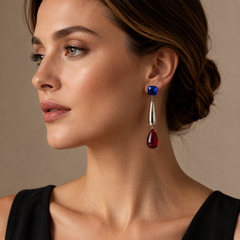 Blue Red Crystal Drop Earrings | Silver Geometric Statement Earrings