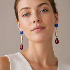Blue Red Crystal Drop Earrings | Silver Geometric Statement Earrings