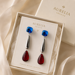 Blue Red Crystal Drop Earrings | Silver Geometric Statement Earrings