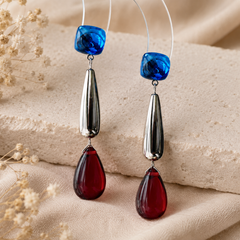 Blue Red Crystal Drop Earrings | Silver Geometric Statement Earrings