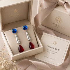 Blue Red Crystal Drop Earrings | Silver Geometric Statement Earrings