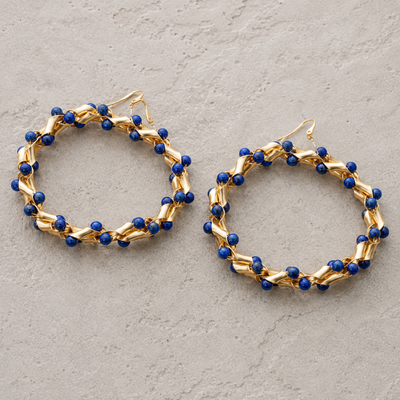 Cobalt Blue Beaded Hoop Earrings | Gold Statement Earrings