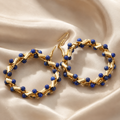 Cobalt Blue Beaded Hoop Earrings | Gold Statement Earrings