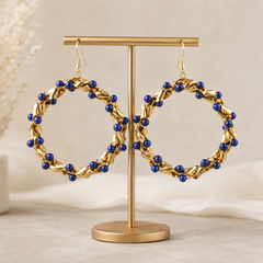 Cobalt Blue Beaded Hoop Earrings | Gold Statement Earrings