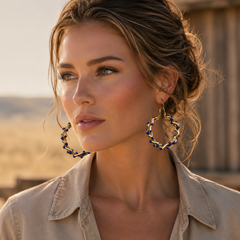 Cobalt Blue Beaded Hoop Earrings | Gold Statement Earrings