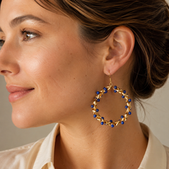 Cobalt Blue Beaded Hoop Earrings | Gold Statement Earrings