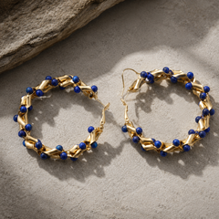 Cobalt Blue Beaded Hoop Earrings | Gold Statement Earrings