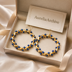 Cobalt Blue Beaded Hoop Earrings | Gold Statement Earrings