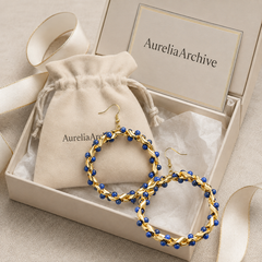 Cobalt Blue Beaded Hoop Earrings | Gold Statement Earrings