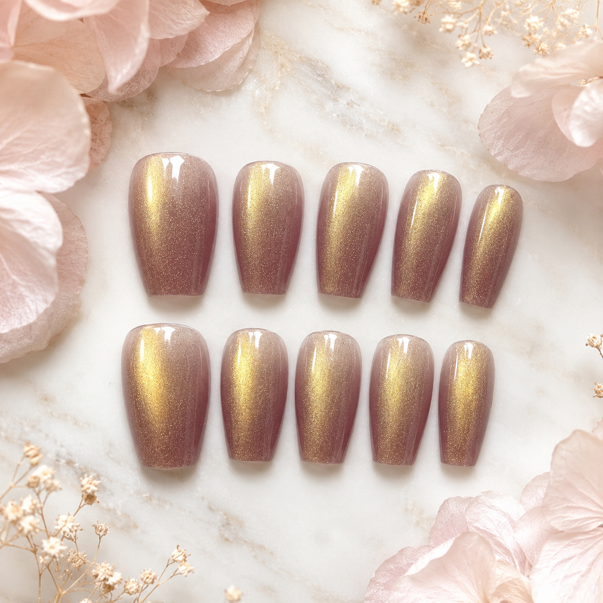 Champagne Gold Cat Eye Press On Nails | Short Square Fake Nails
