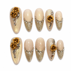 Champagne Gold Rose Press On Nails | Handmade Rhinestone 3D Flower Nails by AMBERÉA