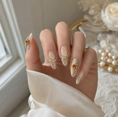 Champagne Gold Rose Press On Nails | Handmade Rhinestone 3D Flower Nails by AMBERÉA